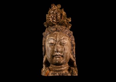 Wood Carved Guanyin Head with Tiara and Topknot